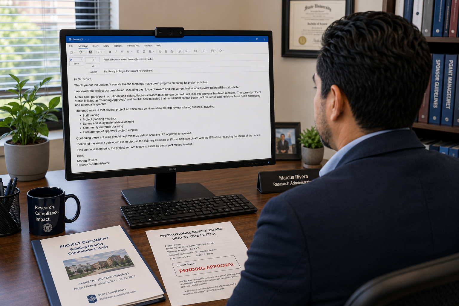 Marcus prepares a response explaining the IRB restriction