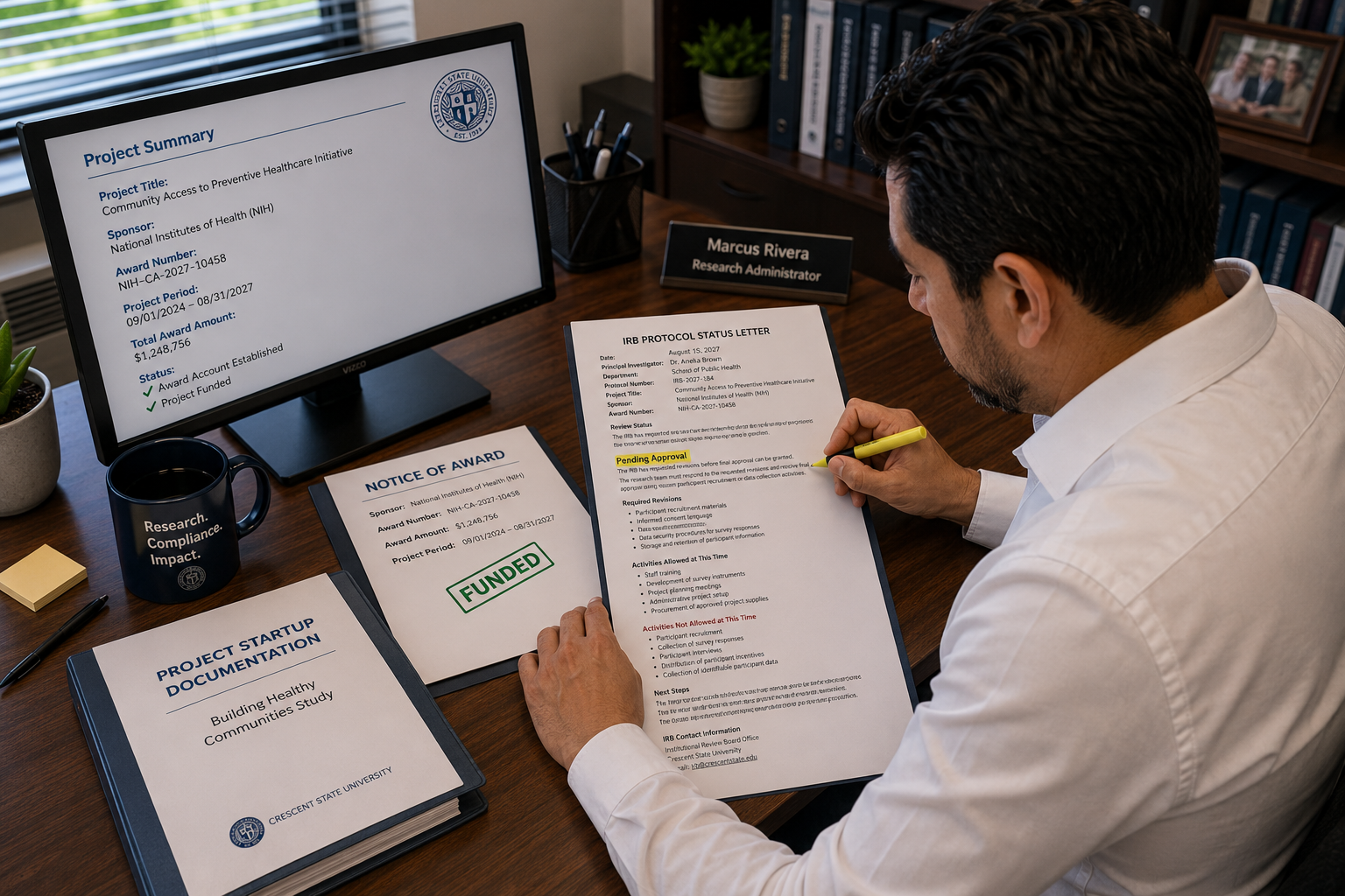 Marcus reviews the project file and IRB status
